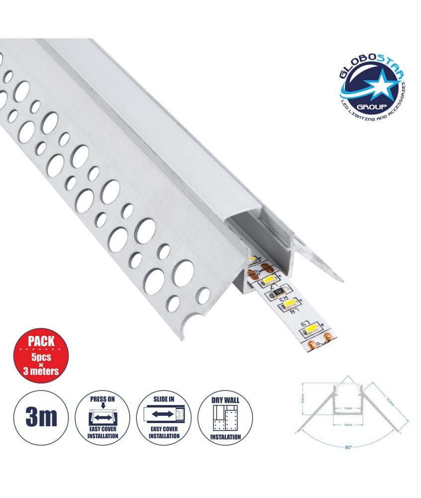 GloboStar® PLASTERBOARD-PROFILE 70821-3M Προφίλ Αλουμινίου - Βάση & Ψύκτρα Ταινίας LED με Λευκό Γαλακτερό Κάλυμμα - Χωνευτή Γωνιακή Χρήση σε Εξωτερική Γωνία Γυψοσανίδας - Trimless - Πατητό Κάλυμμα - Ασημί - 3 Μέτρα - Πακέτο 5 Τεμαχίων - Μ300 x Π4.5 x Υ2cm